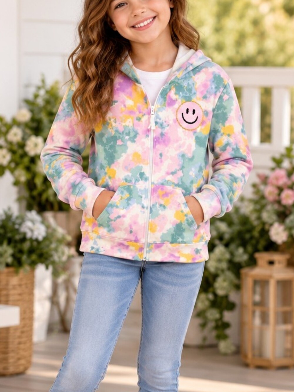 Cat & Jack Pastel Tie-Dye Smiley Zip Hoodie - Pink, Green, Yellow